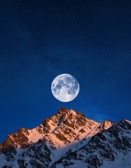 Full Moon Over Majestic Snow-Capped Mountain Peak at Twilight
