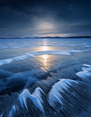 Moonlit Winter Landscape with Ice and Snow Covered Lake