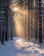 Serene Winter Forest with Sunbeams Through Trees and Snow