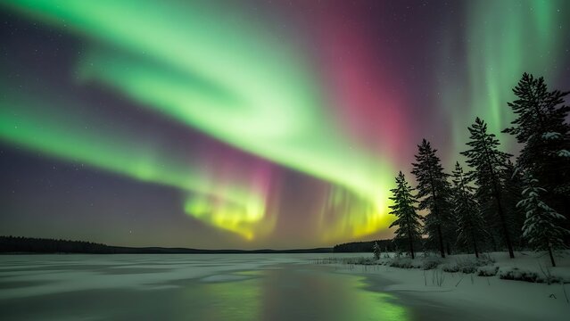 Cosmic Ribbons of Green and Magenta Aurora Reflected on a Frozen Arctic Lake.