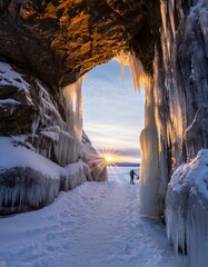 Mesmerizing Sunset Through Ice-Covered Cave in Winter Wonderland