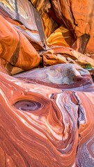 Swirling, colorful rock formations with textures and patterns in a warm, earthy palette, creating an abstract landscape