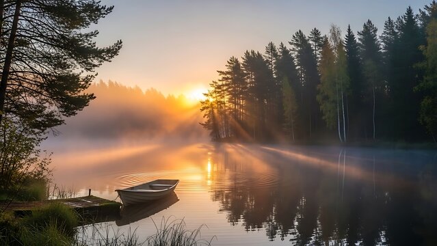 Tranquil Misty Lake Sunrise: Golden Rays Pierce Forest Reflecting on Water with Lone Rowboat.