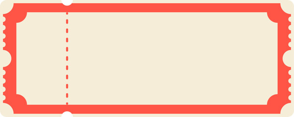 Blank red vintage ticket or coupon template mockup with perforated stub. Classic admit one carnival, raffle, cinema frame on beige. Editable vector illustration.