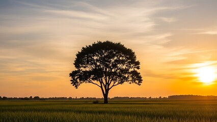 Solitary Tree Silhouette Against Vibrant Sunset Sky Over Grassy Field.