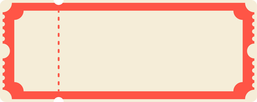 Blank red vintage ticket or coupon template mockup with perforated stub. Classic admit one carnival, raffle, cinema frame on beige. Editable vector illustration.