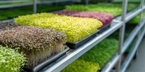 Bright microgreens growing in vibrant trays at an urban farm setting providing fresh produce for local chefs and markets
