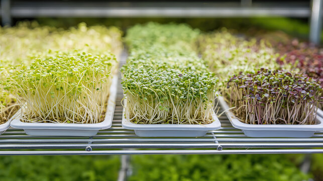 Vibrant green microgreens arranged in trays under grow lights in a greenhouse setting