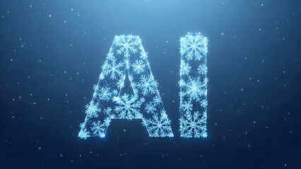 AI Artificial Intelligence Snowy Winter Concept - Creative Illustration of Digital Snowflakes Forming the Letters AI on Blue Background