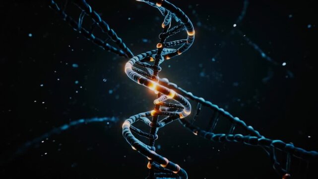 Futuristic glowing blue DNA double-helix floating in a dark scientific background with light particles and neural-like strands, creating a high-tech biotechnology, genetics, and molecular research vis
