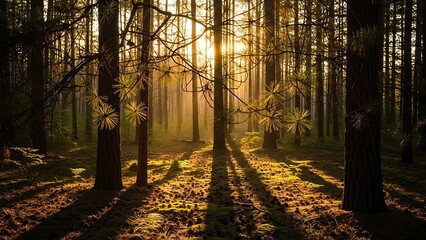 Golden Hour in Pine Forest: Sunbeams and Shadows Through the Trees.