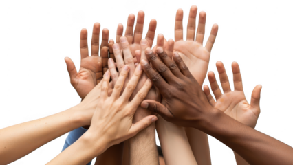 Diverse group of hands stacked together in unity and teamwork isolated on transparent background