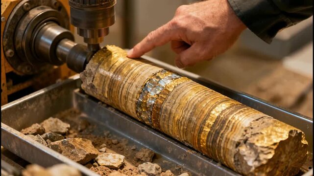 Close-up of a geological core sample being examined, showcasing mineral layers and golden inclusions
