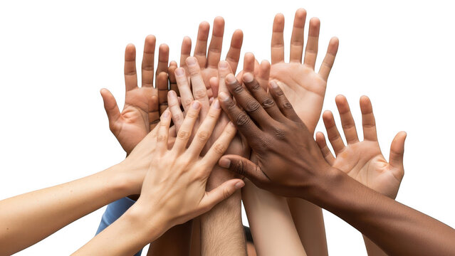 Diverse group of hands stacked together in unity and teamwork isolated on transparent background