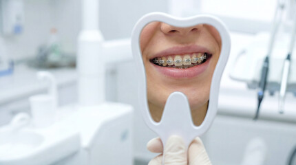 Dentist appointment showing a happy patient with braces smiling while holding a mirror in a modern dental clinic