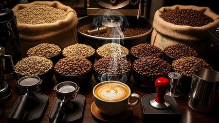 Specialty Coffee Still Life: Freshly Roasted Beans, Espresso Machine, and Latte Art, Coffee Shop Concept