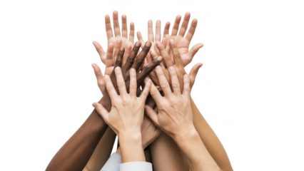 Diverse group of hands raised together in unity and support isolated on transparent background