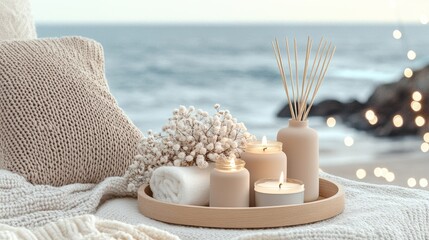 Experience a serene beachside setup adorned with flickering candles, elegant decorative items, and soft textiles, all set against the backdrop of a breathtaking ocean sunset