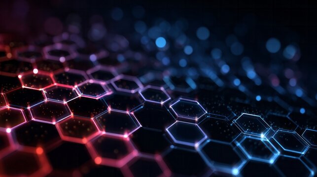 Glowing geometric hexagonal structure displays transitioning shades of red and blue light across a dark surface - Powered by Adobe