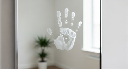Creepy white handprint on glass mirror surface with blurred room background mystery concept