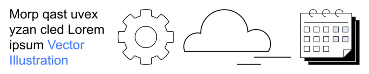Cloud computing, data management, scheduling, automation, workflow optimization, technology concepts. Gear, cloud and calendar line art. Cloud computing and data management concepts