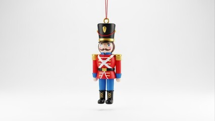 Wooden Toy Soldier Ornament in Red Uniform Hanging on White Background