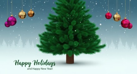 Happy holidays greeting card design with a central green christmas tree and hanging ornament decoration against a snowy background