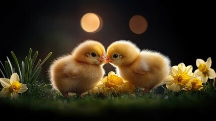 Two fluffy chicks interacting among colorful flowers during springtime in a soft-lit garden atmosphere