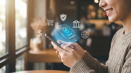 Smiling man holding smartphone with PAYMENT SUCCESSFUL message, modern mobile banking interface and fintech icons, secure online shopping and digital finance technology concept