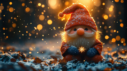 Obraz premium Cute little Christmas gnome with red hat sitting in snow holding glowing star in magical winter forest