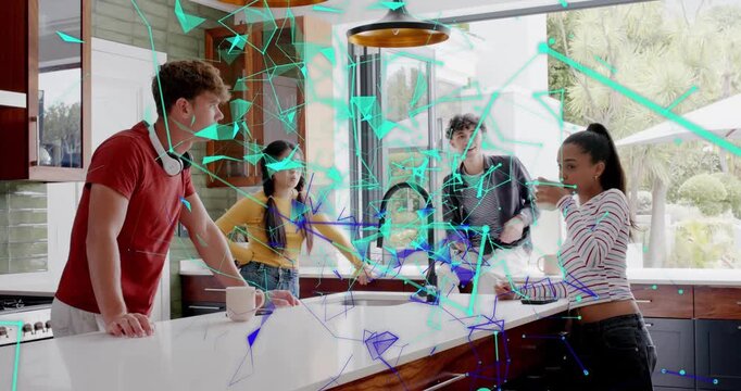 5 peers gathering at island when blonde tapping phone blue shard guiding focus viewing tech content