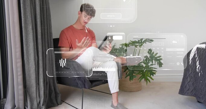 Man tapping tablet, making tech widgets expanding, highlighting calendar, map, chats, managing time