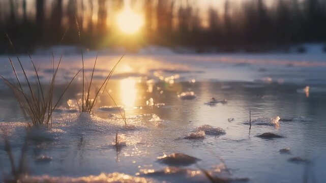Frozen lake with grass in golden winter sunrise reflection