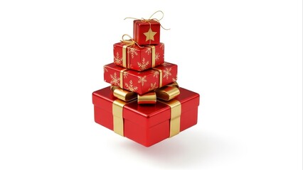 Obraz premium Stacked Red Gift Boxes with Gold Bows on White Background