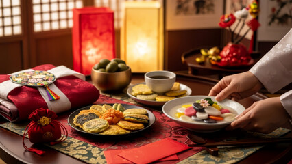 Naklejka premium Hands serving Tteokguk and Korean New Year foods, gifts, and lanterns for Seollal celebration.