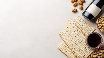 Enjoying snacks with wine, crackers, and nuts on a smooth table surface during a relaxed gathering with friends or family