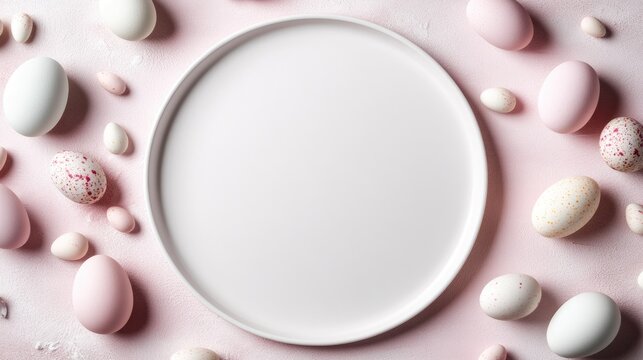 Decorative pastel eggs arranged around a blank white plate on a soft pink background during spring celebration preparations