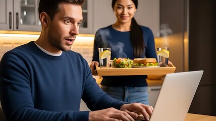 Woman Bringing Lunch to Man Working on Laptop at Home.