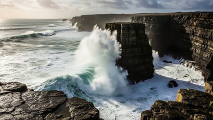 Spectacular Atlantic Wave Explodes Against Rugged Sea Stack Dramatic Cliffs Wild Coastline.