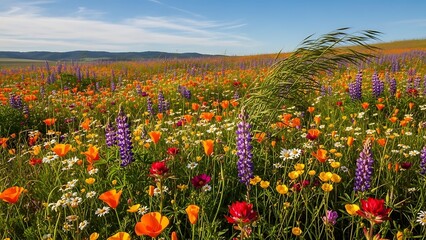 A Vibrant Tapestry of Wildflowers: Orange Poppies and Purple Lupine in a Breezy Meadow.