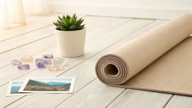 Vision Board Rolled up yoga mat and succulent plant on a wooden floor