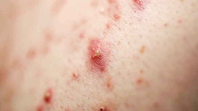 Skin problems. Extreme close-up on skin with acne and pimples.