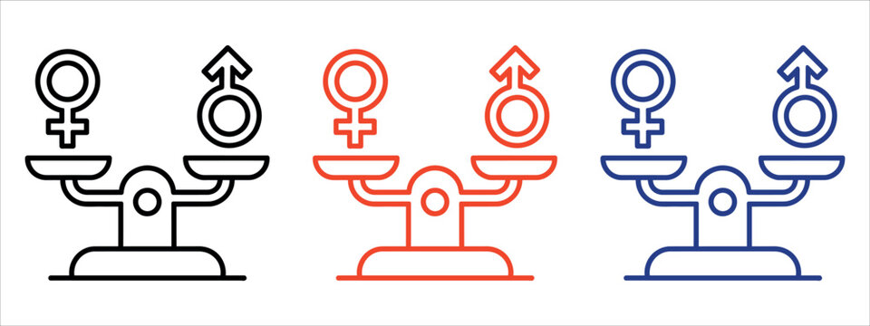 Bold icons portray gender equality, balance, and social justice in a modern, colorful design perfect for awareness campaigns and promoting inclusivity and fairness.