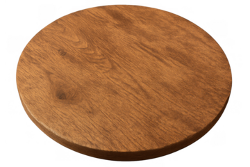 Round wooden cutting board with textured surface, perfect for food preparation and serving, isolated on a transparent background