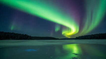 Vibrant Green Aurora Borealis Dancing Over Frozen Lake at Night.