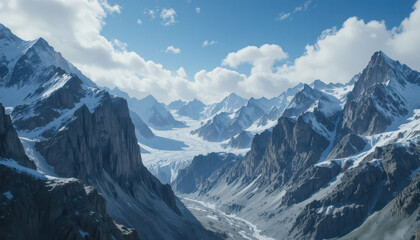 Fototapeta premium Snow capped mountain range with blue sky and white clouds