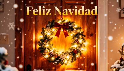A warmly lit christmas wreath with golden and red ornaments hangs on a wooden door, surrounded by falling snowflakes, with "feliz navidad" prominently displayed at the top
