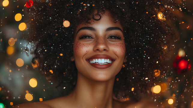 Web banner and blog image showing a close-up of a joyful woman with curly hair surrounded by festive decoration, perfect for holiday visuals and cheerful seasonal content.