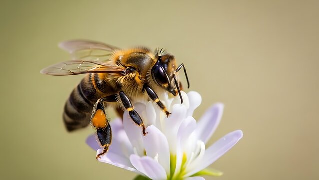 Detailed Macro: Honey Bee with Golden Pollen Basket on White Clover Flower Soft Light Essential Pollinator.