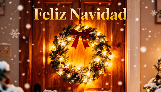 A warmly lit christmas wreath with golden and red ornaments hangs on a wooden door, surrounded by falling snowflakes, with "feliz navidad" prominently displayed at the top
